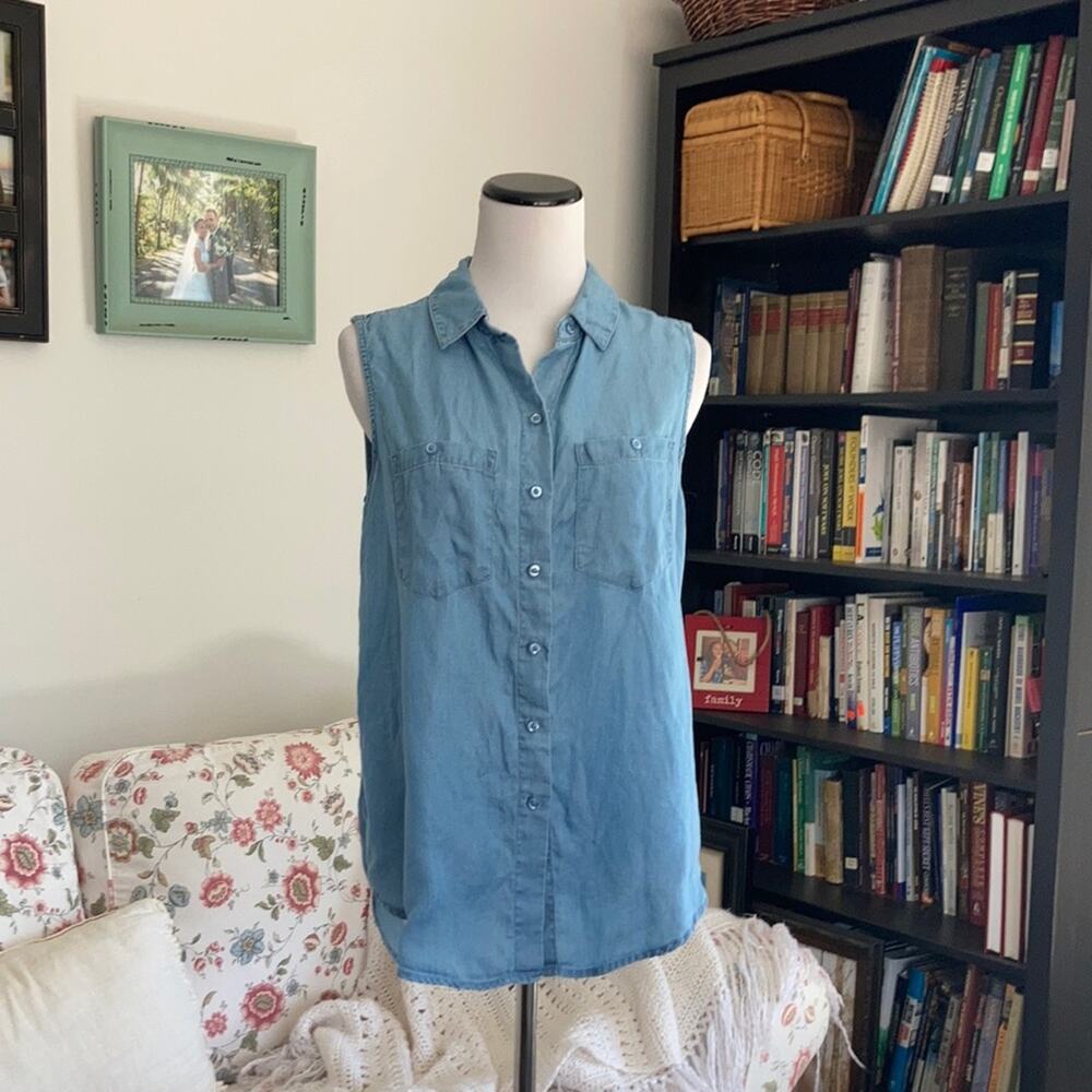 New Directions Blue Chambrey Sleeveless Buttondown, Size S